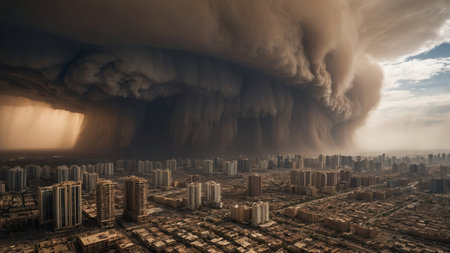 A colossal dust storm looms over a sprawling city, engulfing the skyline with thick clouds of dust and creating an apocalyptic scene, as sunlight struggles to penetrate the dense atmosphere. AI generated imageの写真素材