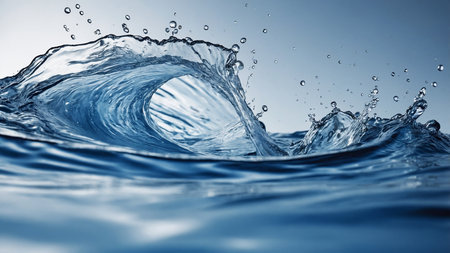 This image showcases a dynamic splash of water suspended mid-air, emphasizing the clarity, motion, and tranquility of water with soft reflections and gentle ripples creating a captivating scene. AI generated imageの写真素材