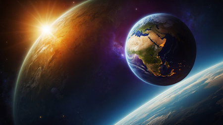 This striking image portrays the Earth illuminated by a brilliant sunrise, with stars dotting the...