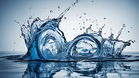 This image showcases a dynamic splash of water suspended mid-air, emphasizing the clarity, motion, and tranquility of water with soft reflections and gentle ripples creating a captivating scene. AI generated imageの写真素材