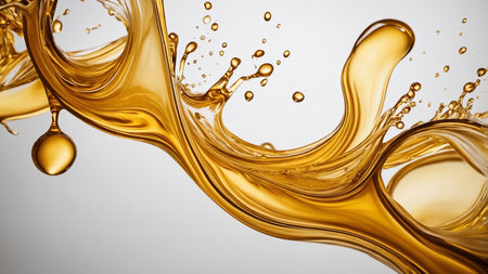 A vibrant image depicting dynamic splashes and flowing shapes of golden liquid in mid-motion, set against a neutral background, conveying energy and fluidity in abstract art form. AI generated imageの写真素材