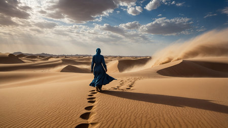 A solitary person walks in a vast desert landscape at sunset, as a massive sandstorm approaches and dramatic clouds build in the sky, hinting at the impending weather change.の写真素材