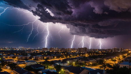 A powerful lightning storm strikes a cityscape, illuminating the night sky with electric bolts and highlighting the urban landscape, creating a dramatic and awe-inspiring view of nature's fury. AI generated imageの写真素材