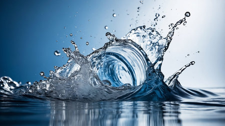 This image showcases a dynamic splash of water suspended mid-air, emphasizing the clarity, motion,...