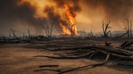 A desolate landscape showing a fierce fire burning amidst charred remains of trees, thick smoke rising, and an ominous orange sky reflecting the destruction and chaos of a devastating fire. AI generated imageの写真素材
