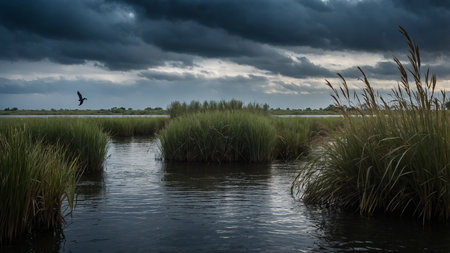 A tranquil scene of a marshland at dusk, with tall grasses and thick clouds overhead, and a calm waterway cutting through the landscape, reflecting the serene and moody atmosphere. AI generated imageの写真素材