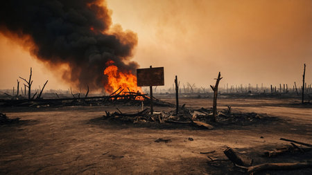 A desolate landscape showing a fierce fire burning amidst charred remains of trees, thick smoke rising, and an ominous orange sky reflecting the destruction and chaos of a devastating fire. AI generated imageの写真素材