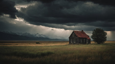 An old cabin with a rusted red roof stands alone in a vast grassy field with dark storm clouds and distant mountains. The image evokes a sense of isolation and is beautifully ominous with a touch of melancholy. AI generated imageの写真素材