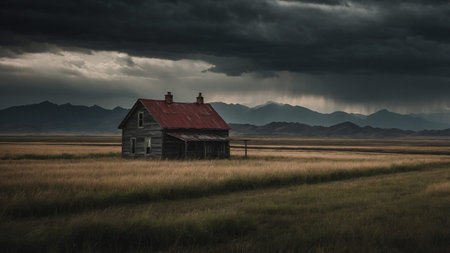 An old cabin with a rusted red roof stands alone in a vast grassy field with dark storm clouds and...