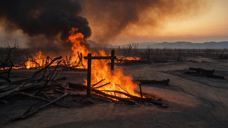 A desolate landscape showing a fierce fire burning amidst charred remains of trees, thick smoke rising, and an ominous orange sky reflecting the destruction and chaos of a devastating fire. AI generated imageの写真素材