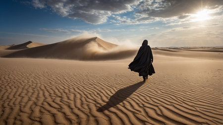 A solitary person walks in a vast desert landscape at sunset, as a massive sandstorm approaches and dramatic clouds build in the sky, hinting at the impending weather change.の写真素材