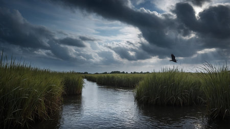A tranquil scene of a marshland at dusk, with tall grasses and thick clouds overhead, and a calm waterway cutting through the landscape, reflecting the serene and moody atmosphere.の写真素材