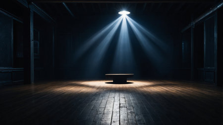 This image shows a dimly lit empty stage with a wooden floor, illuminated by spotlights from above, creating a dramatic and mysterious atmosphere perfect for performances. AI generated imageの写真素材