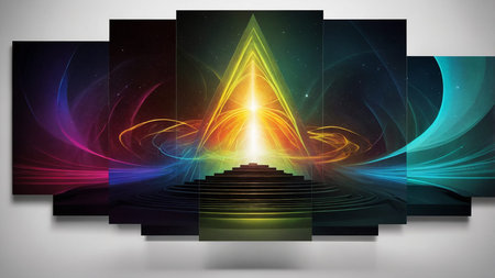 An eye-catching geometric abstract image that highlights a central black triangle with vibrant...