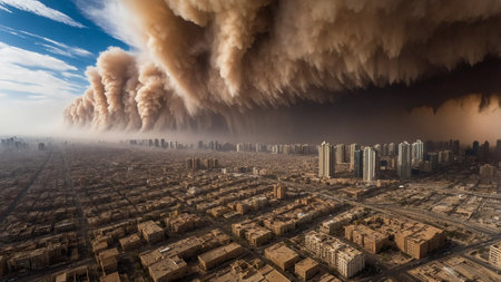 A colossal dust storm looms over a sprawling city, engulfing the skyline with thick clouds of dust and creating an apocalyptic scene, as sunlight struggles to penetrate the dense atmosphere. AI generated imageの写真素材