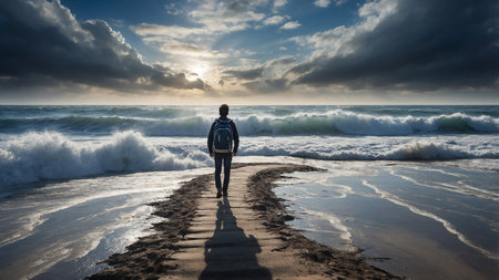 A lone person is seen walking on a rock pier as ocean waves crash on either side. The dramatic sky and the rising sun in the horizon create a mesmerizing and contemplative scene.の写真素材