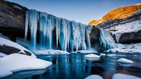 A breathtaking winter landscape capturing a frozen waterfall, majestic icicles, snow-blanket...