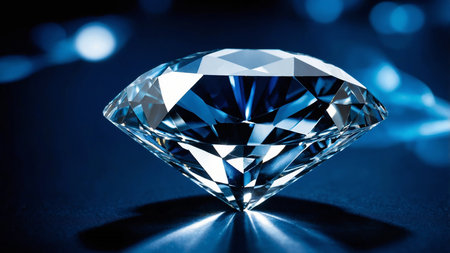 A sparkling diamond in intricate detail, capturing the play of light and shadow, set against a deep blue background, symbolizing beauty and luxury. AI generated imageの写真素材