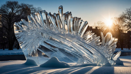 A stunning ice sculpture stands in a snowy park, illuminated by the sunrise, with nearby buildings and strolling people, embodying peace and winter's beauty. AI generated imageの写真素材