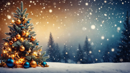 Stunning image of a Christmas tree decorated with blue and gold ornaments, glowing lights in a snowy outdoor setting with blurred background trees and snowflakes falling gently around. AI generated imageの写真素材