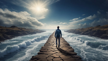 A lone person is seen walking on a rock pier as ocean waves crash on either side. The dramatic sky and the rising sun in the horizon create a mesmerizing and contemplative scene. AI generated imageの写真素材
