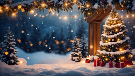Stunning image of a Christmas tree decorated with blue and gold ornaments, glowing lights in a snowy outdoor setting with blurred background trees and snowflakes falling gently around. AI generated imageの写真素材