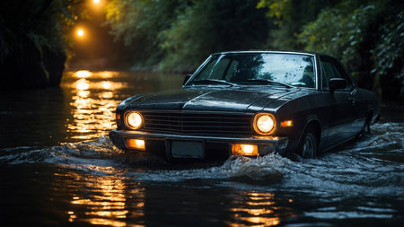 A dark vintage car navigates through a shallow, reflective river in a lush forest at dusk, illuminated by glowing lights in the background, creating a tranquil and picturesque scene. AI generated imageの写真素材
