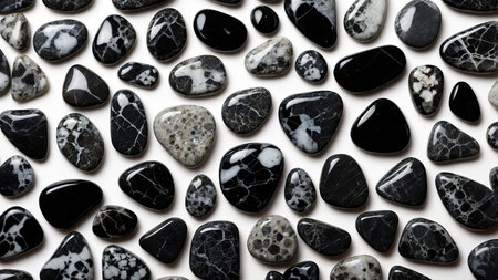 This image shows an assortment of polished stones in black, white, and gray colors, arranged neatly....