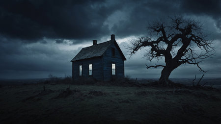 An eerie and spooky scene featuring an abandoned house with glowing windows, next to a twisted tree under a stormy night sky. The atmosphere is haunting and full of suspense. AI generated imageの写真素材