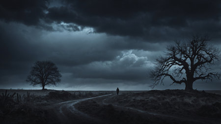 The image depicts a solitary figure walking on a muddy path between two stark, leafless trees under a dramatic, stormy sky, capturing a sense of isolation and foreboding in the scene. AI generated imageの写真素材