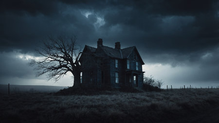 An eerie and spooky scene featuring an abandoned house with glowing windows, next to a twisted tree under a stormy night sky. The atmosphere is haunting and full of suspense. AI generated imageの写真素材