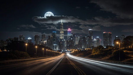 This image showcases a mesmerizing city skyline at night with a full moon, brightly lit roads,...