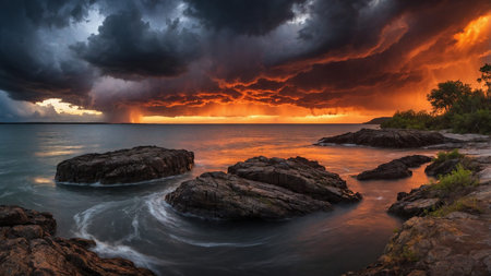 This image captures a breathtaking lightning storm with dramatic clouds over a tranquil landscape...