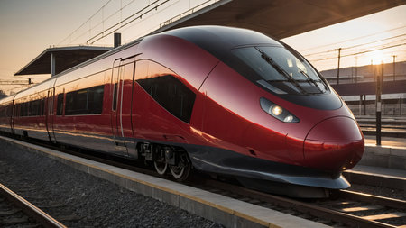 A futuristic red high-speed train is stationed on the tracks at a modern railway station. The setting sun paints a vivid backdrop, highlighting the glossy, streamlined design of the train poised for departure. AI generated imageの写真素材