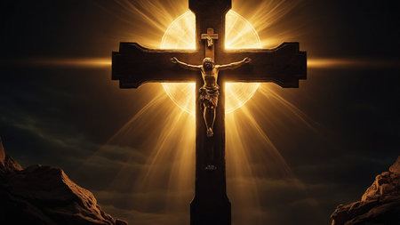 This image features an illuminated wooden cross against a dramatic sunset background, showing rays...