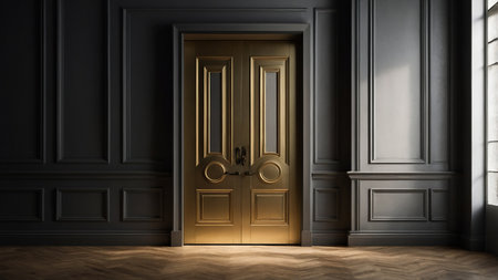 A pair of luxurious golden double doors set against a sophisticated dark walled interior with natural light streaming through a nearby window creating a stunning contrast of light and shadow. AI generated imageの写真素材