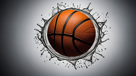 This image shows a basketball breaking through water splash, symbolizing power and motion, isolated against a gray background, capturing the dynamic energy and excitement of the sport in a stylized way. AI generated imageの写真素材