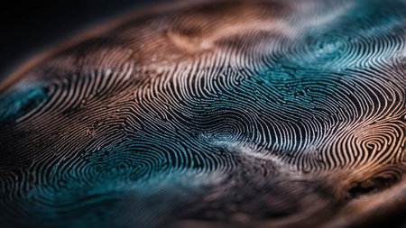 This image features a colorful swirling abstract pattern with intricate fingerprint-like lines, showing a mesmerizing design and vivid hues, representing creativity and complexity. AI generated imageの写真素材