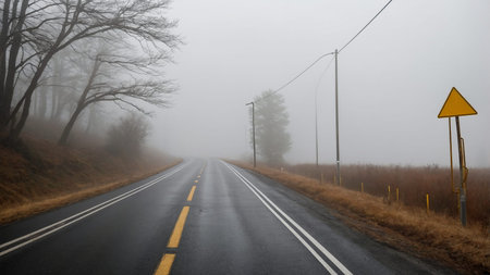 This image captures a wet, deserted road meandering through a fog-enshrouded forest landscape,...