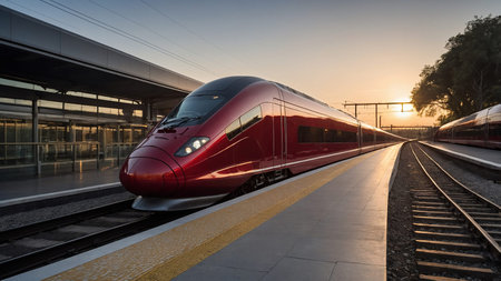A futuristic red high-speed train is stationed on the tracks at a modern railway station. The...