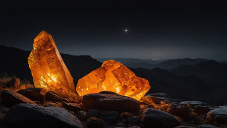 This image showcases a glimmering amber stone, radiating warm light from within, set against a dark contrasting background, highlighting its intricate textures and depth. AI generated imageの写真素材