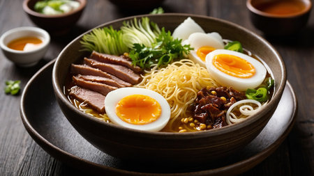 A delicious bowl of ramen featuring tender slices of steak, boiled eggs, fresh vegetables, and noodles in a rich, savory broth. Perfect for food enthusiasts and culinary lovers. AI generated imageの写真素材