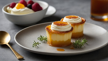 This image showcases two caramel-drizzled custard desserts garnished with rosemary, served stylishly on a gray plate, blending culinary art and vibrant flavors in an elegant presentation, perfect for stock websites. AI generated imageの写真素材