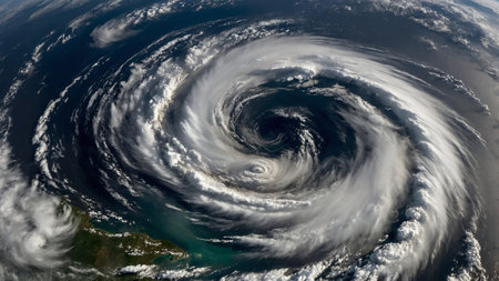 Stunning aerial capture of a powerful hurricane over the ocean, showing its swirling clouds and clearly defined eye at the center, depicting the immense force and beauty of nature's fury. AI generated imageの写真素材
