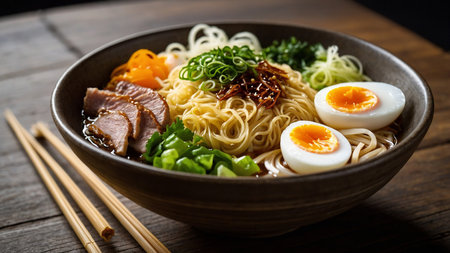 A delicious bowl of ramen featuring tender slices of steak, boiled eggs, fresh vegetables, and noodles in a rich, savory broth. Perfect for food enthusiasts and culinary lovers. AI generated imageの写真素材