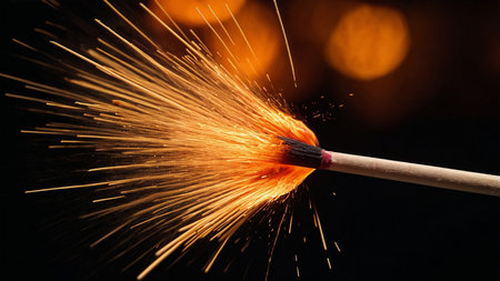 This striking image captures a glowing matchstick releasing bright orange sparks in a mesmerizing display set against a dark, blurred background, highlighting both the beauty and danger of fire. AI generated imageの写真素材