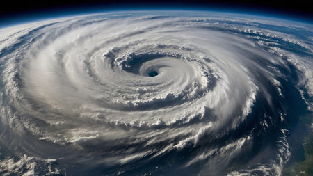 Stunning aerial capture of a powerful hurricane over the ocean, showing its swirling clouds and clearly defined eye at the center, depicting the immense force and beauty of nature's fury. AI generated imageの写真素材