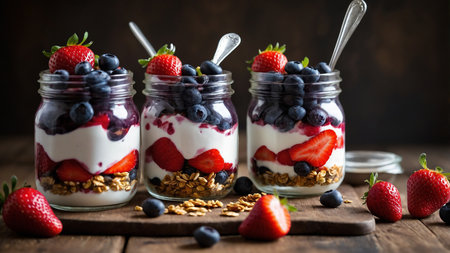 This vibrant image shows three glass jars filled with layers of yogurt, strawberries, blueberries, and granola, arranged on a dark wooden board with fresh fruit and spoons nearby. AI generated imageの写真素材
