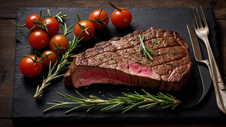 This image features a grilled steak with perfect grill marks, beautifully garnished with rosemary sprigs, presented on a black plate, accompanied by a glass of red wine and a wooden bowl with herbs. AI generated imageの写真素材