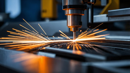 An up-close view of a CNC machine in the process of cutting metal, creating bright and dynamic sparks in a high-tech industrial setting, capturing the essence of modern manufacturing technology. AI generated imageの写真素材